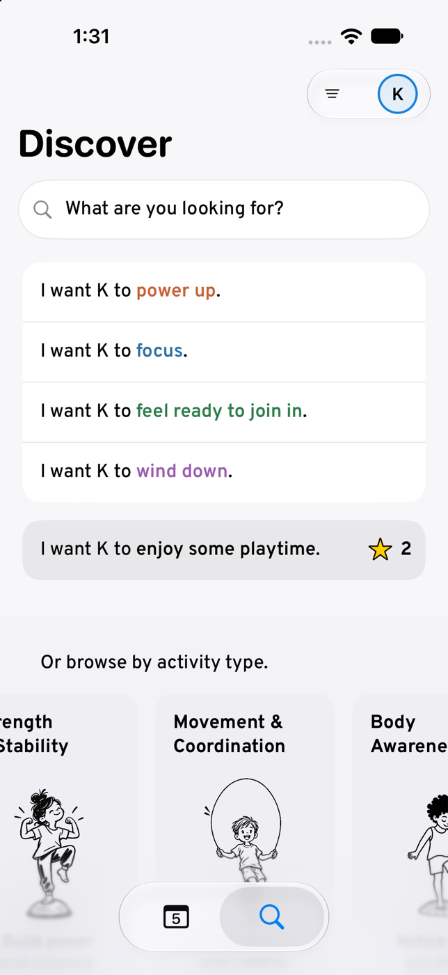 Sensory Snax Discover screen with sensory goals, search, and activities to browse.